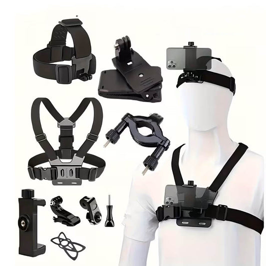 Soporte de Correa y Clip para pecho y cabeza PRO - Kit de 9 piezas - Compatible con Celular, Smartphone, GoPro, DJI Osmo, Insta 360, Cámaras de Acción y más - POV/VLOG - Negro