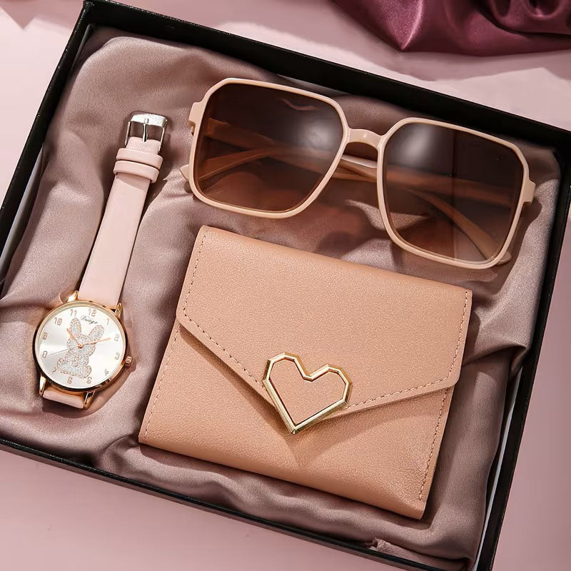 Accesorios de Moda para Mujer - Set de Regalo de 3 Piezas - Gafas, Reloj y Billetera - Elegancia y Estilo – Rosa y Beige