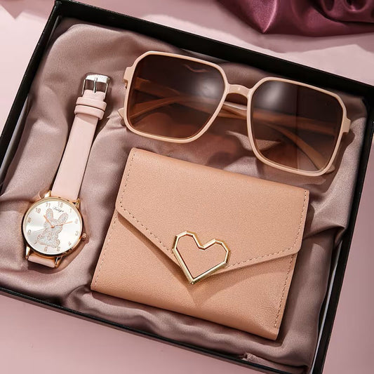 Accesorios de Moda para Mujer - Set de Regalo de 3 Piezas - Gafas, Reloj y Billetera - Elegancia y Estilo – Rosa y Beige