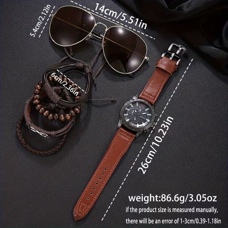 Set de Accesorios de Moda para Hombre 6 Piezas - Reloj Pulseras Gafas Aviador - Café Oscuro y Claro