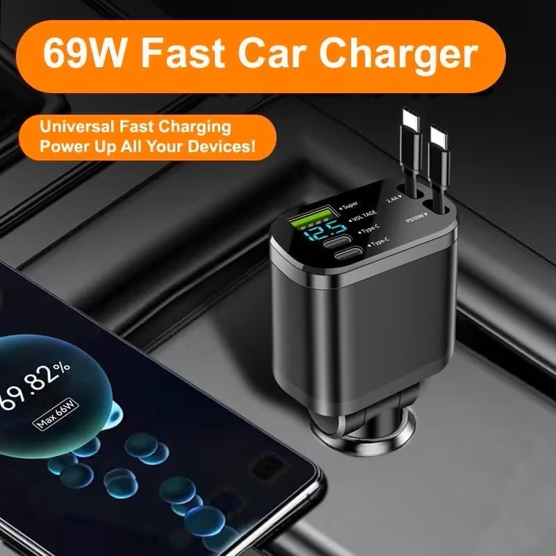 Cargador para Auto Retráctil 5 en 1 USB-C Hasta 69W Negro