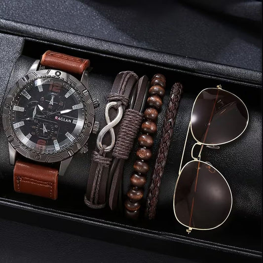 Set de Accesorios de Moda para Hombre 6 Piezas - Reloj Pulseras Gafas Aviador - Café Oscuro y Claro