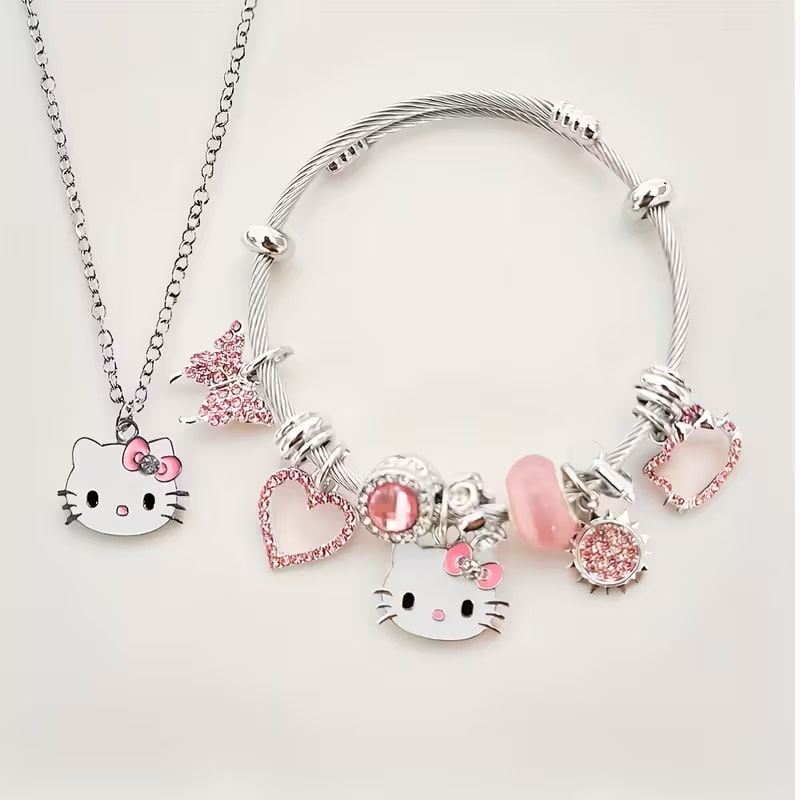 Set de Joyería Hello Kitty Sanrio con Collar y Pulsera Kawaii Plateado y Rosa