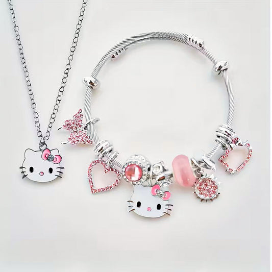 Set de Joyería Hello Kitty Sanrio(Collar + Pulsera) – Diseño Kawaii con Mariposas y Corazones Calados - Esmalte Brillante, Color Plateado y Rosa - Regalo Ideal para Mujer
