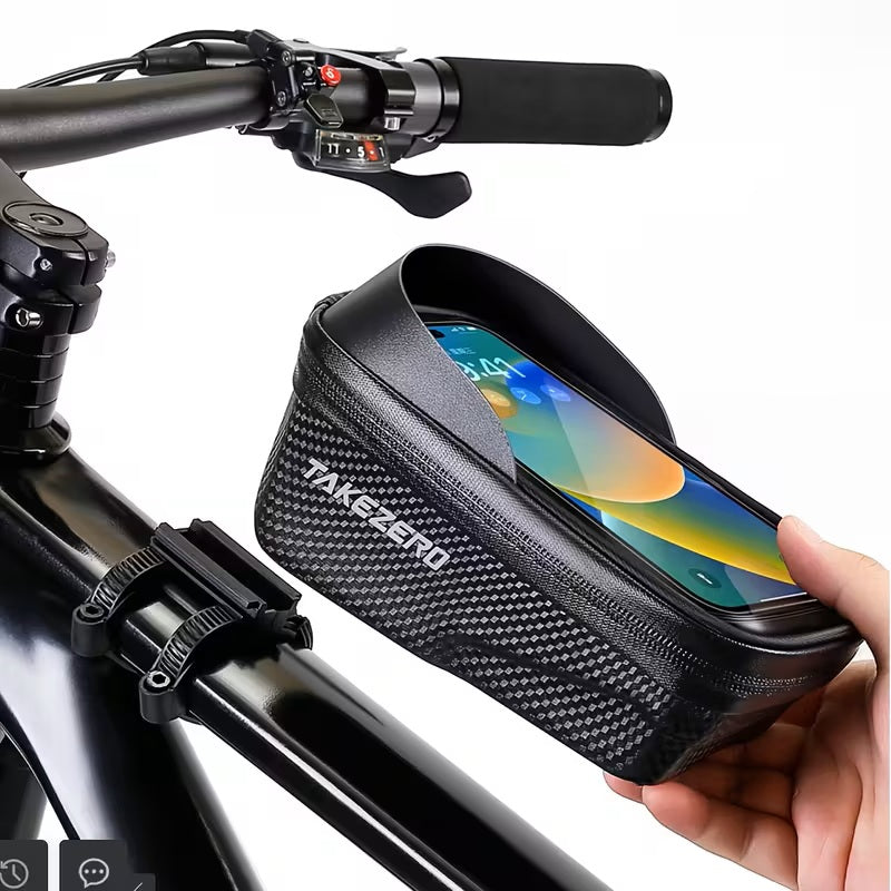Bolsa frontal para bicicleta con correas ajustables - Carcasa dura - Desmontaje directo - Resistente al agua - Varios compartimientos - Para smartphone y varios objetos - Accesorios Ciclismo - Negro Carbono