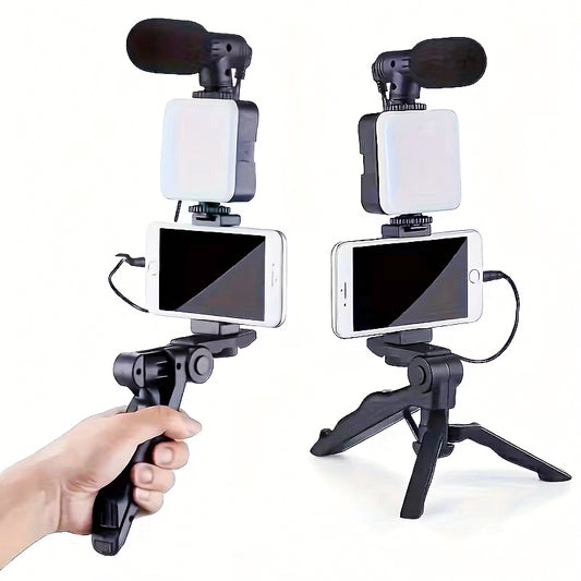 Trípode y Estabilizador Multifuncional 5 en 1 para Smartphone - 5 Accesorios incluidos - Luz LED de 3 Tonalidades en color blanco - Micrófono con cable Jack 3.5mm y Adaptador USB-C – Ideal para Vlogging, Entrevistas y Selfies - Negro