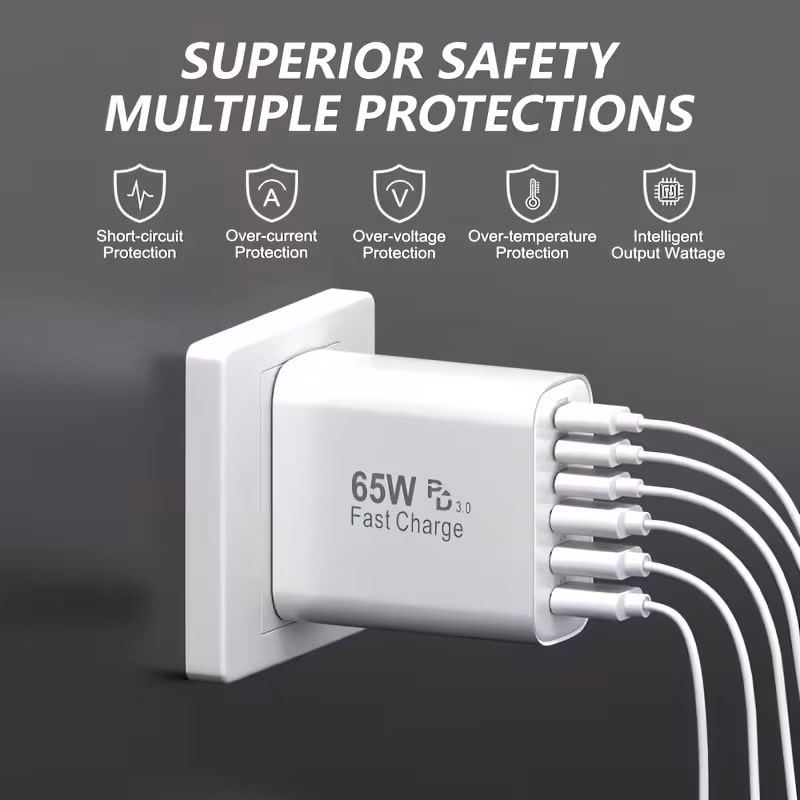 Cargador de Pared USB-C y USB-A 65W 6 Puertos con Carga Rápida