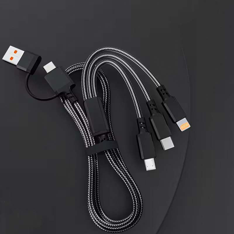 Cable de Carga Múltiple - 5 en 1 - Carga hasta 80W - Nylon Trenzado 120 cm – Multifuncional, Resistente y de Alta Potencia – Compatible con iPhone, Huawei, Xiaomi y Más - Negro