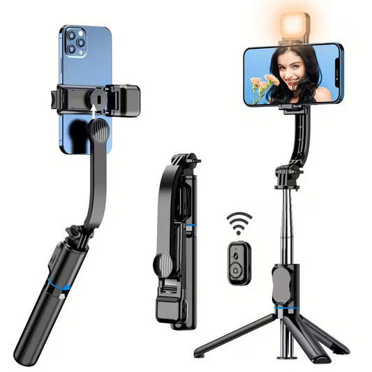 Selfie Stick 3 en 1 Portátil y Compacto - con Trípode - Luz Led incorporada - Control remoto Bluetooth – Altura y Ángulo Ajustables - Plegable y Multifuncional - Compatibilidad Universal – Video Vlogging, Fotografía, Selfies – Accesorios de Viaje – Negro