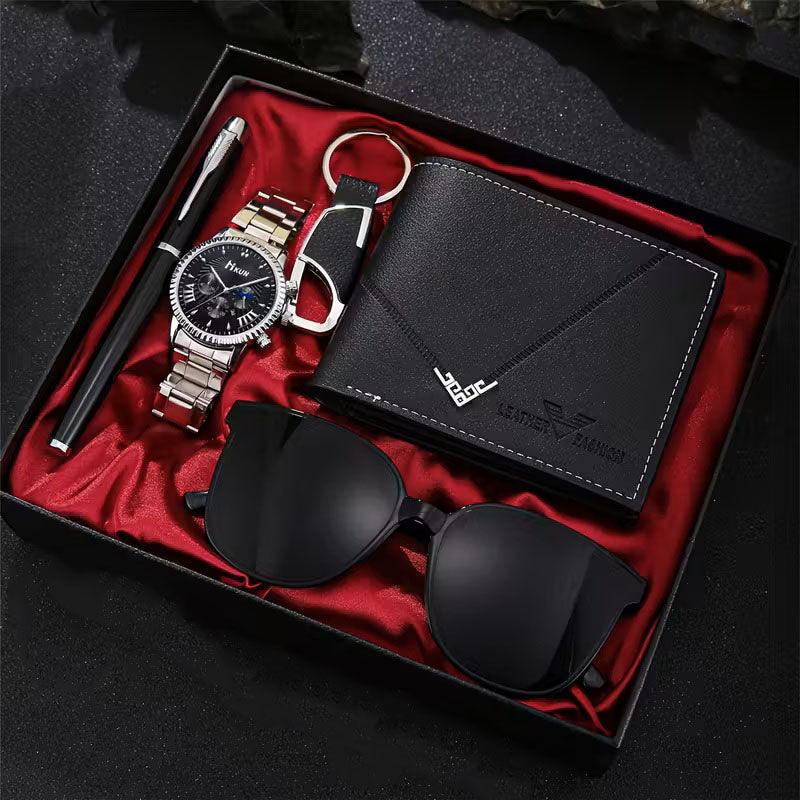 Accesorios de Moda para Hombre - Set de Regalo de 5 Piezas - Bolígrafo, Reloj, Llavero, Billetera y Gafas - Estilo Ejecutivo y Casual – Negro y Plata