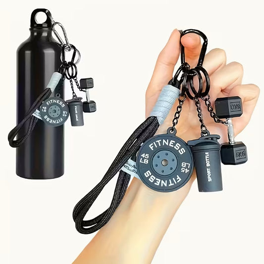 Llavero Deportivo Temático – Mini Mancuerna, Barra y Botella – Negro