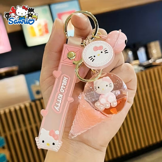 Llavero Hello Kitty Rosa Sanrio – Diseño Anime Adorable de Helado de Cono con Arena, Acrílico y Borla - Accesorio para Mochilas y Llaves de Mujer - Regalo Ideal