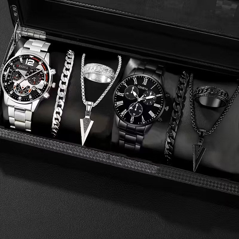 Accesorios de Moda para Hombre - Set de Regalo de 8 Piezas - Relojes, Pulseras, Anillos y Collares - Estilo Ejecutivo y Casual – Plata y Negro