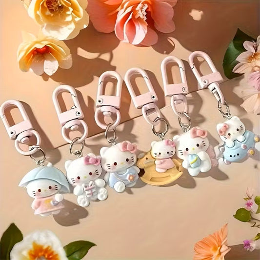 Llaveros Hello Kitty Kawaii – Set de 6 Mini Colgantes - Diseños de Gatos - Accesorios para Mochilas, Teléfonos y Llaves - Regalo Ideal para Mujeres y Amigas
