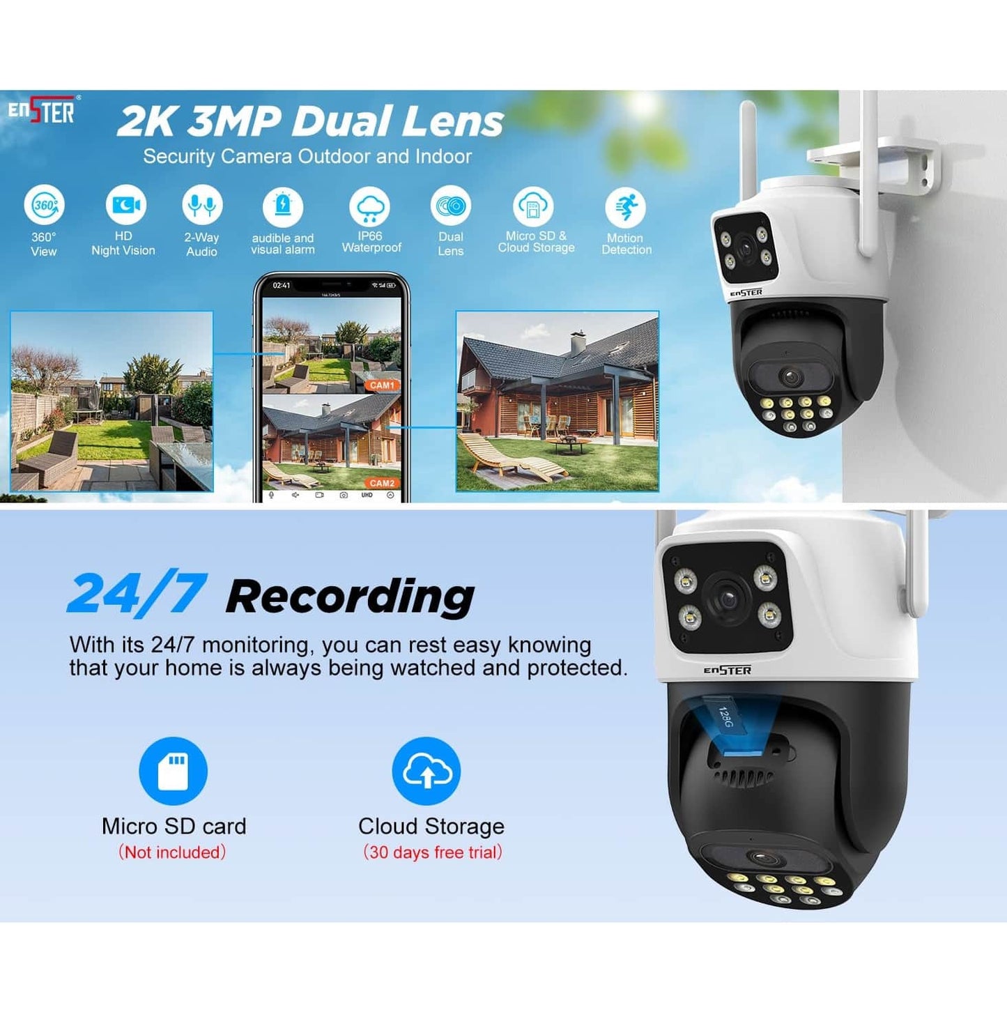 Cámara Dual Seguridad 2K 6MP – WiFi, 360° Interior/Exterior