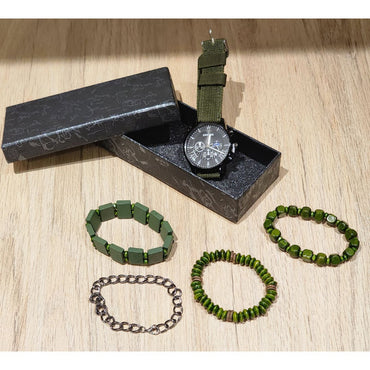 Set de Accesorios de Moda para Hombre 5 Piezas - Pulseras y Reloj - Verde