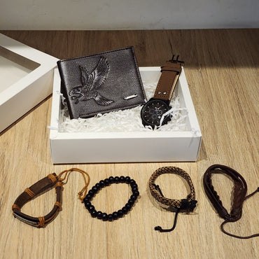 Set de Accesorios de Moda para Hombre 6 Piezas - Reloj Pulseras Billetera - Café Oscuro Aguila