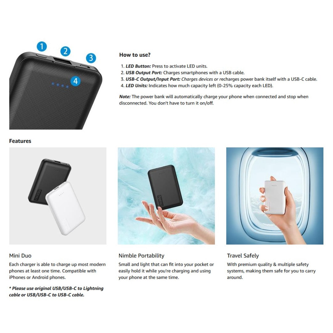 Mini Power Bank 5000mAh USB-C 12W iPhone Samsung Pack x2
