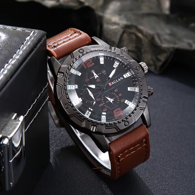 Set de Accesorios de Moda para Hombre 6 Piezas - Reloj Pulseras Gafas Aviador - Café Oscuro y Claro
