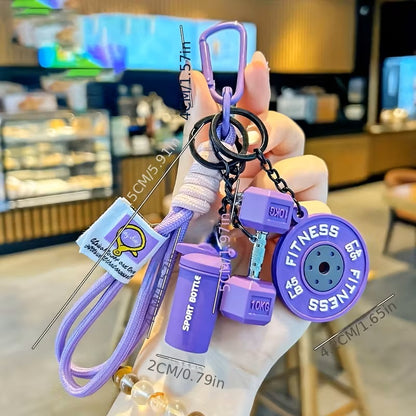 Llavero Deportivo Temático - Mini Mancuerna, Mini Barra de Pesas y Mini Botella Deportiva - Accesorio creativo para Mujer - Fitness - Morado