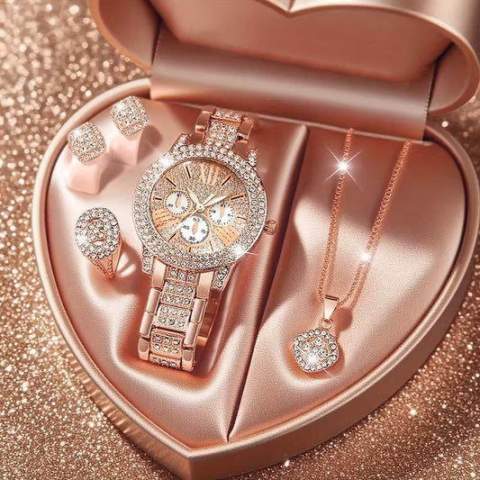 Accesorios de Moda para Mujer - Set de Regalo de 5 Piezas - Aretes, Anillo, Reloj y Collar con Diamantes - Elegancia y Estilo – Rose Gold