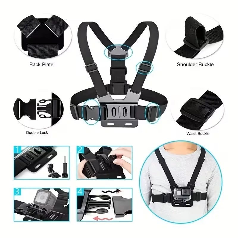 Kit PRO de Soportes para Pecho y Cabeza 6 Piezas para Cámaras de Acción