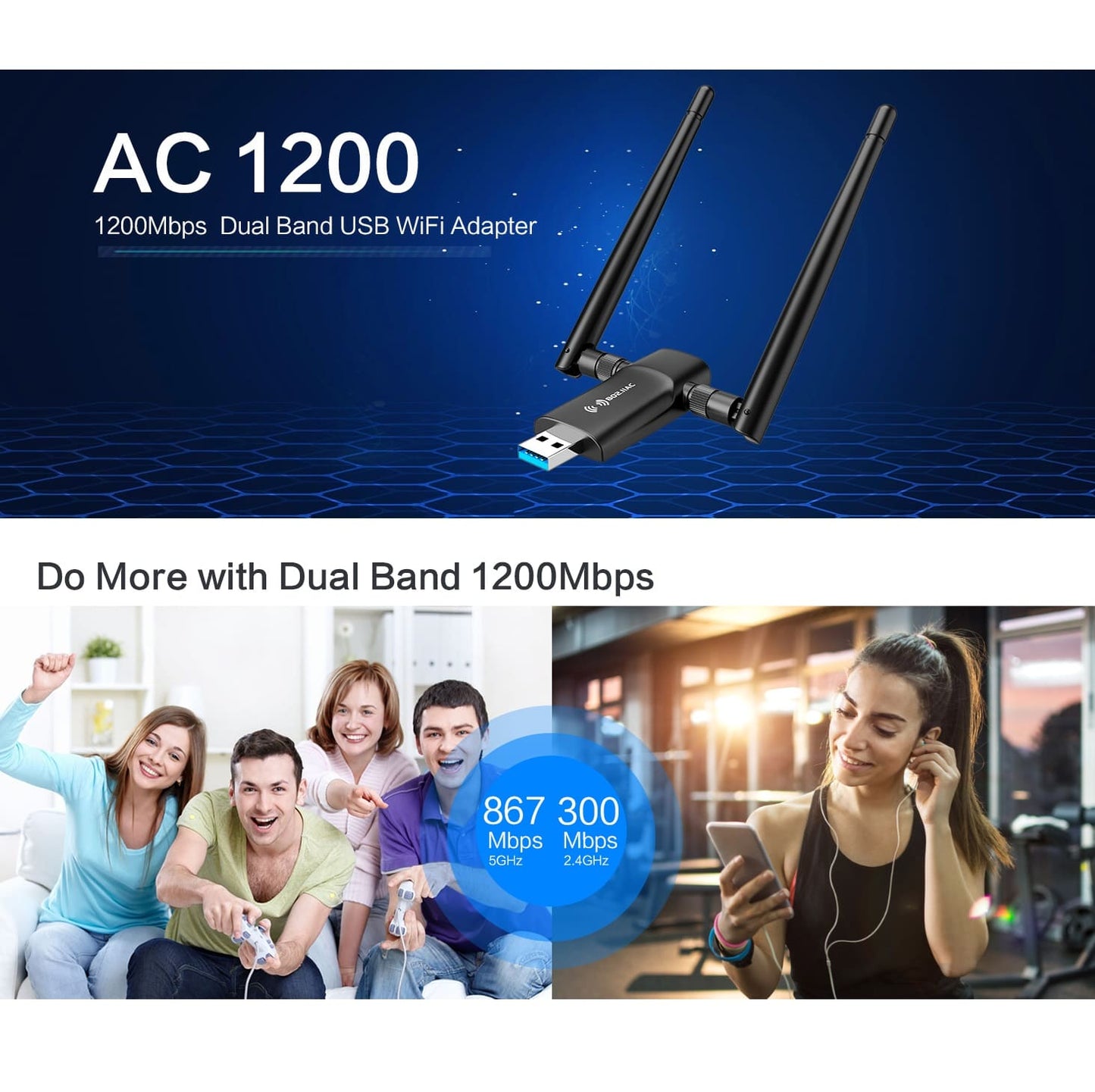 Adaptador WiFi USB 1300Mbps Dual 5dBi Windows Compatible