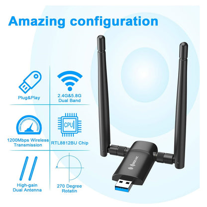 Adaptador WiFi USB 1300Mbps Dual 5dBi Windows Compatible