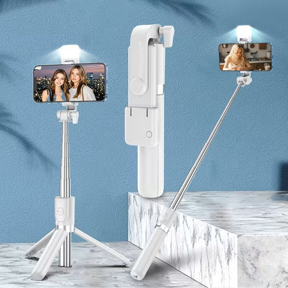 Selfie Stick 3 en 1 con Trípode y Luz LED para Vlogging Blanco