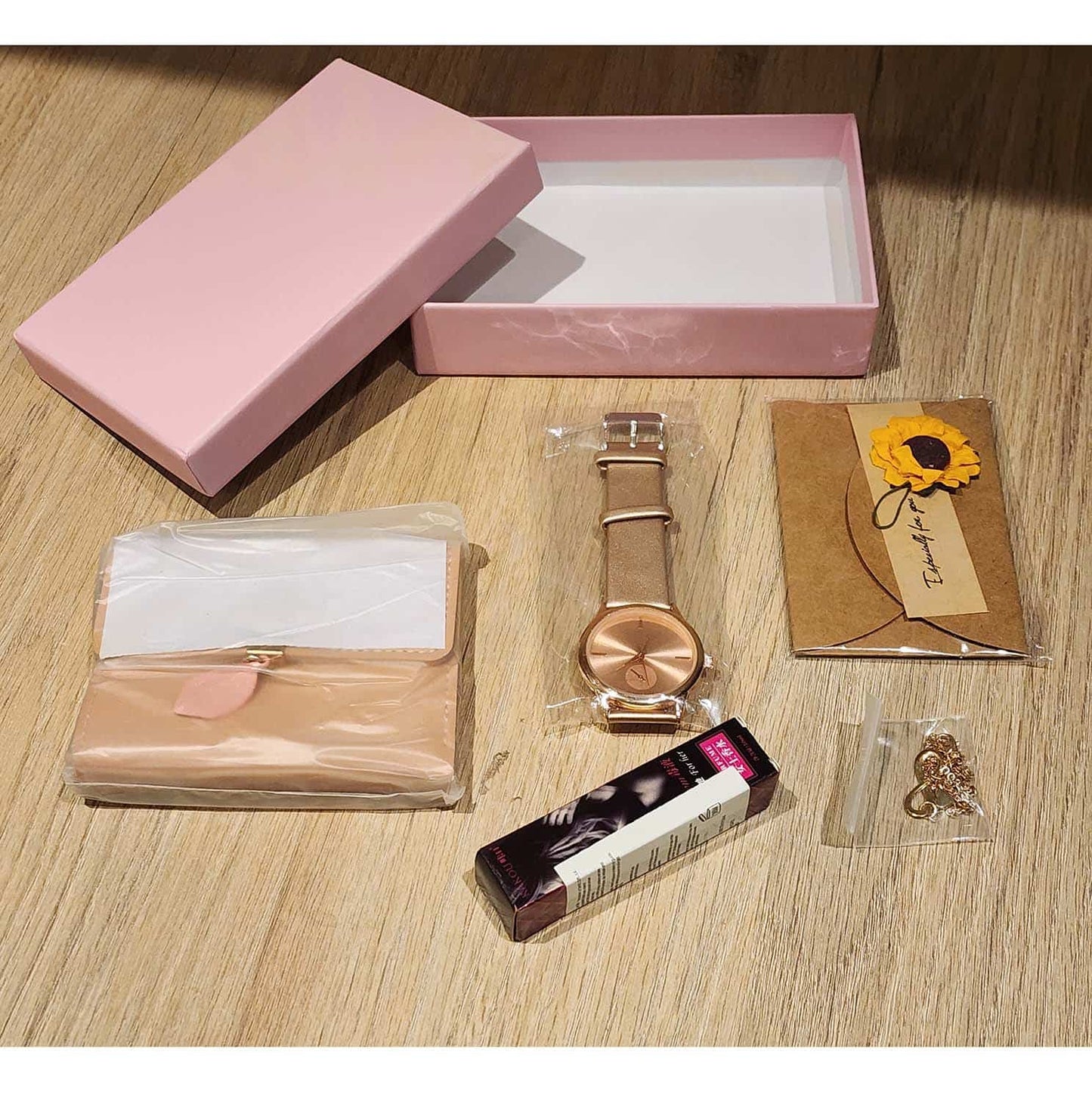 Set de Accesorios para Mujer 5pz Reloj Perfume Pulsera Billetera Rosa