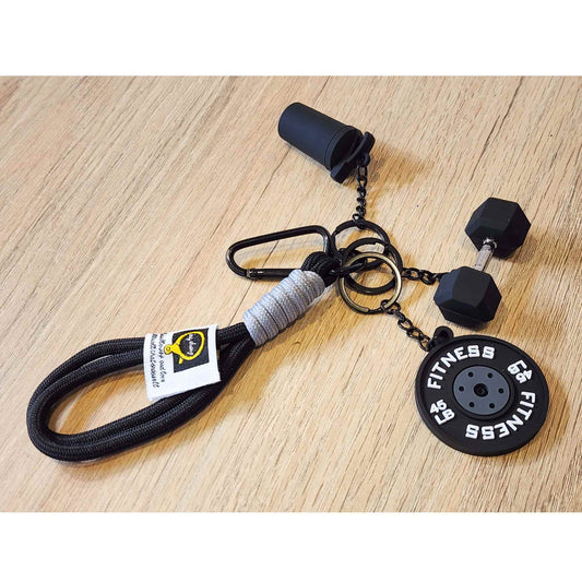 Llavero Deportivo Temático - Mini Mancuerna, Mini Barra de Pesas y Mini Botella Deportiva - Accesorio creativo para Hombre y Mujer - Fitness - Negro