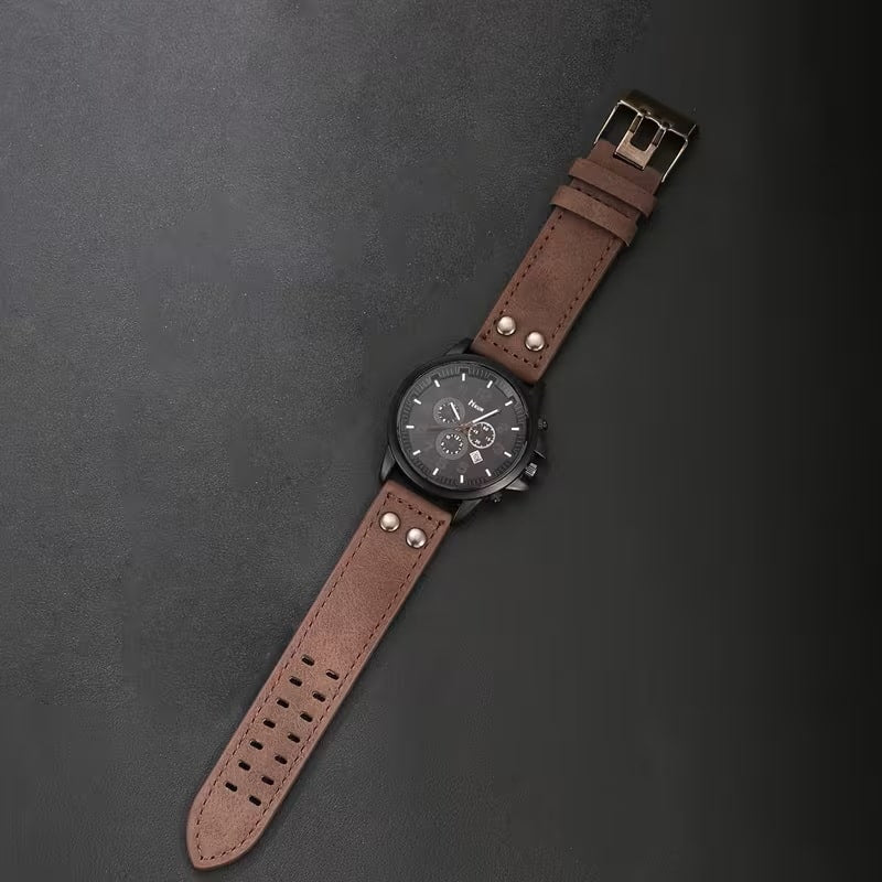 Set de Accesorios de Moda para Hombre 6 Piezas - Reloj Pulseras Gafas Aviador - Café Oscuro