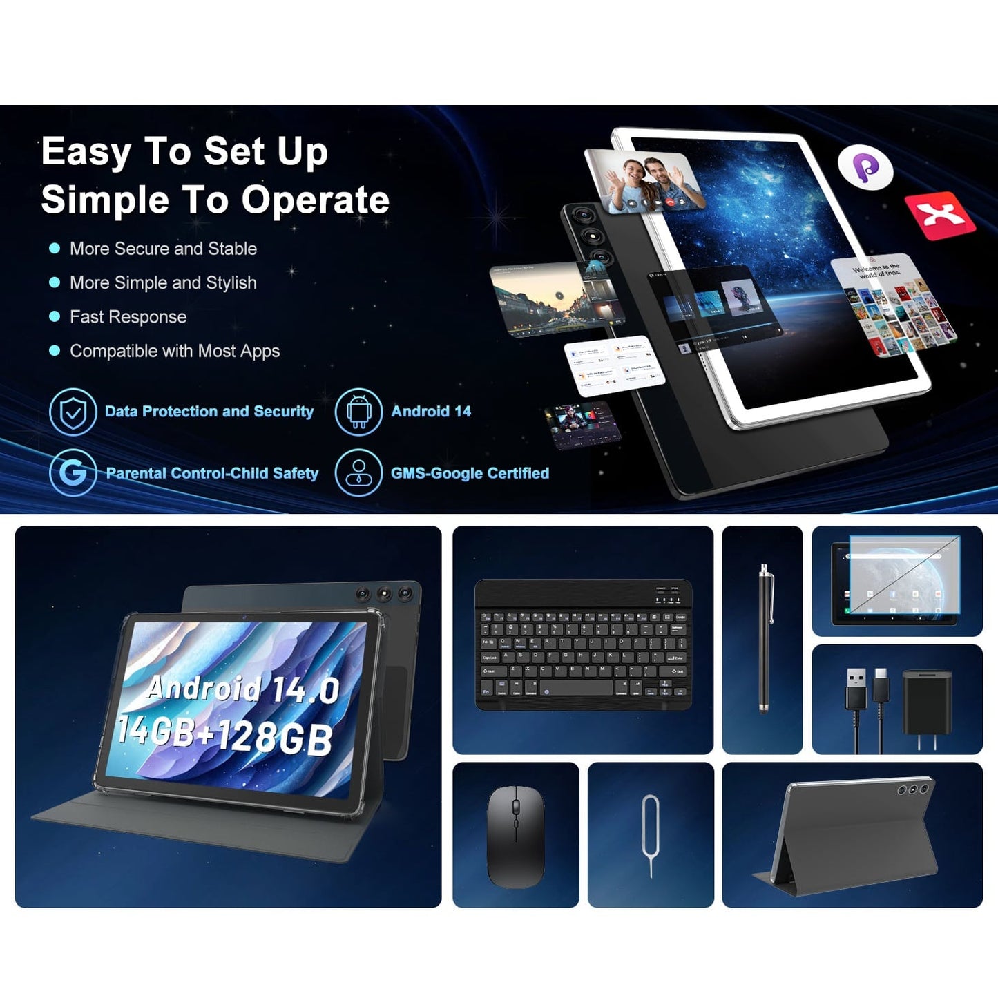 Tablet Android 14 10.1” 14GB RAM 128GB Dual SIM 4G con Accesorios