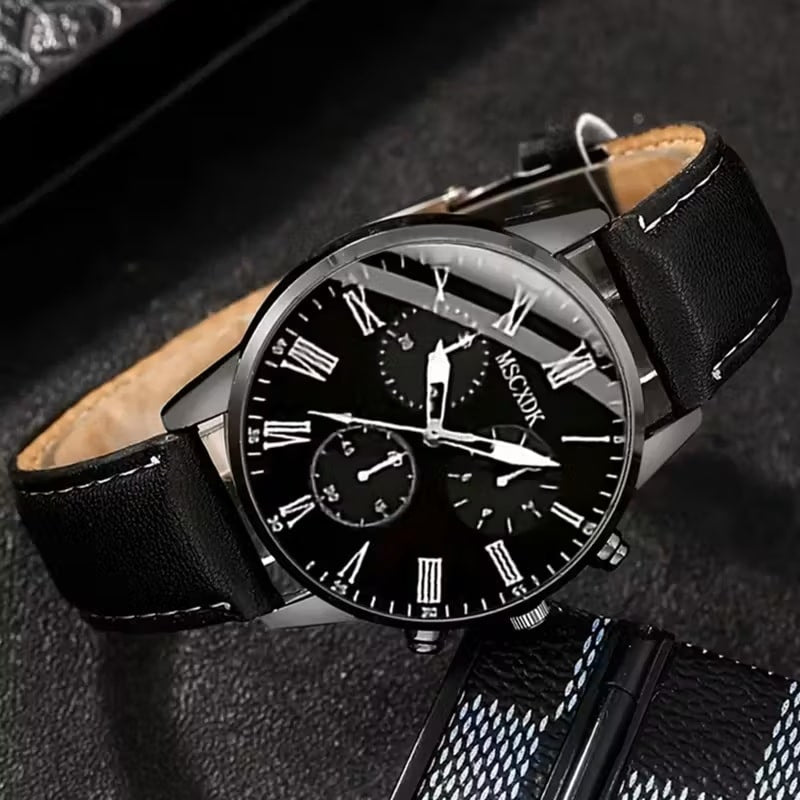 Set de Accesorios de Moda para Hombre 5 Piezas - Reloj Pulsera Anillo Collar Billetera - Negro