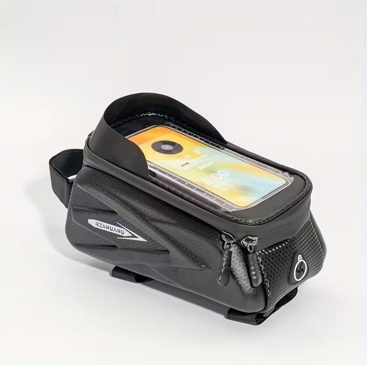 Bolsa frontal para bicicleta de montaña con correa ajustable - Carcasa dura - Resistente al agua - Ideal para celular y otros accesorios - Accesorios para bicicleta - Negro Carbono