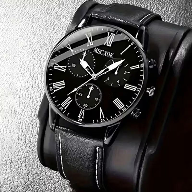 Set de Accesorios de Moda para Hombre 5 Piezas - Reloj Pulsera Anillo Collar Billetera - Negro