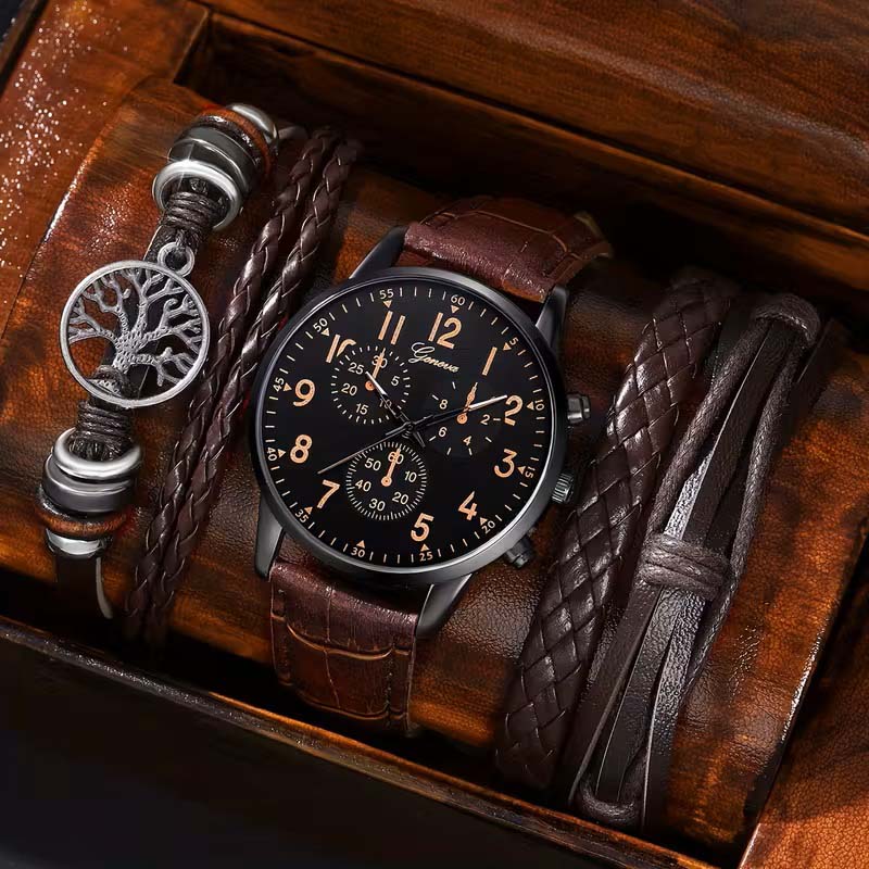 Accesorios de Moda para Hombre - Set de Regalo de 4 Piezas - Pulseras y Reloj - Estilo Ejecutivo y Casual – Café y Negro