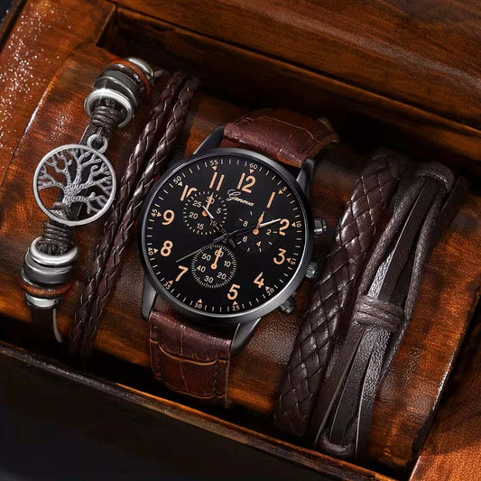Accesorios de Moda para Hombre - Set de Regalo de 4 Piezas - Pulseras y Reloj - Estilo Ejecutivo y Casual – Café y Negro