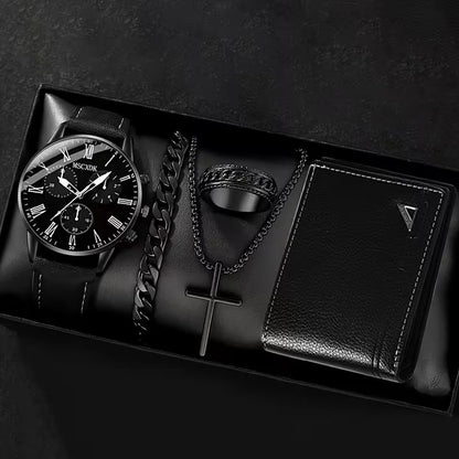 Set de Accesorios de Moda para Hombre 5 Piezas - Reloj Pulsera Anillo Collar Billetera - Negro