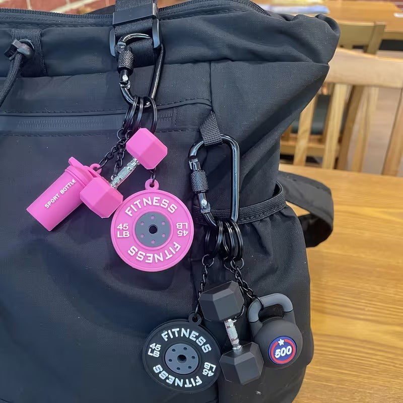 Llavero Deportivo Temático - Mini Mancuerna, Mini Barra de Pesas y Mini Botella Deportiva - Accesorio creativo para Mujer - Fitness - Rosa