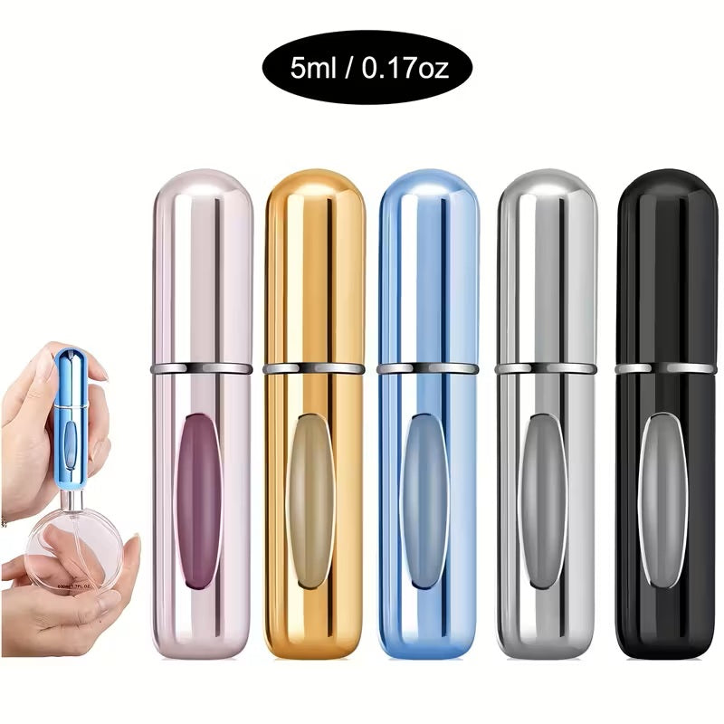 Atomizadores de Perfume - Mini Botellas Rellenables – 5ml - Aluminio + Acrílico - Diseño Antifugas - Unisex - Accesorios para Viaje - 5 Colores - Pack x5
