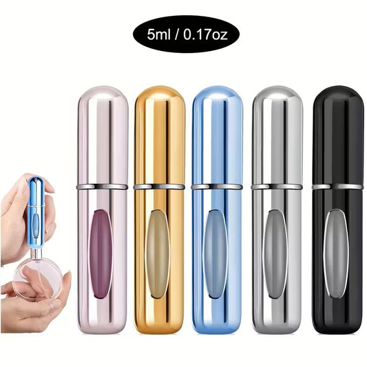 Atomizadores de Perfume - Mini Botellas Rellenables – 5ml - Aluminio + Acrílico - Diseño Antifugas - Unisex - Accesorios para Viaje - 5 Colores - Pack x5