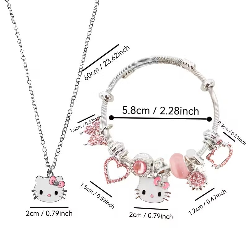 Set de Joyería Hello Kitty Sanrio con Collar y Pulsera Kawaii Plateado y Rosa