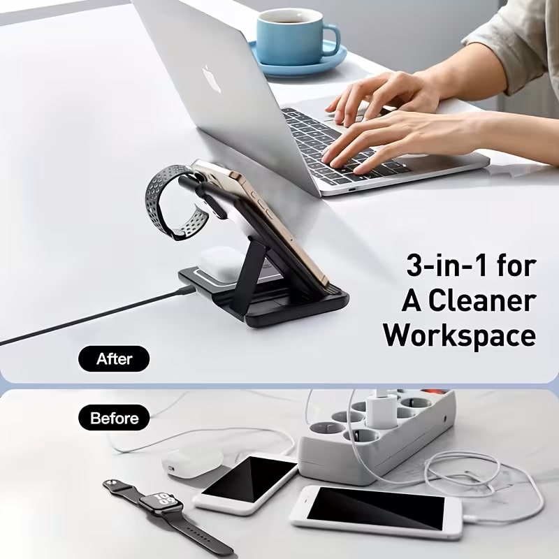 Estación de Carga Inalámbrica Plegable 3 en 1 para iPhone, Apple Watch y AirPods Negro