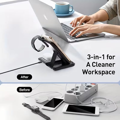 Estación de Carga Inalámbrica Plegable 3 en 1 para iPhone, Apple Watch y AirPods Negro