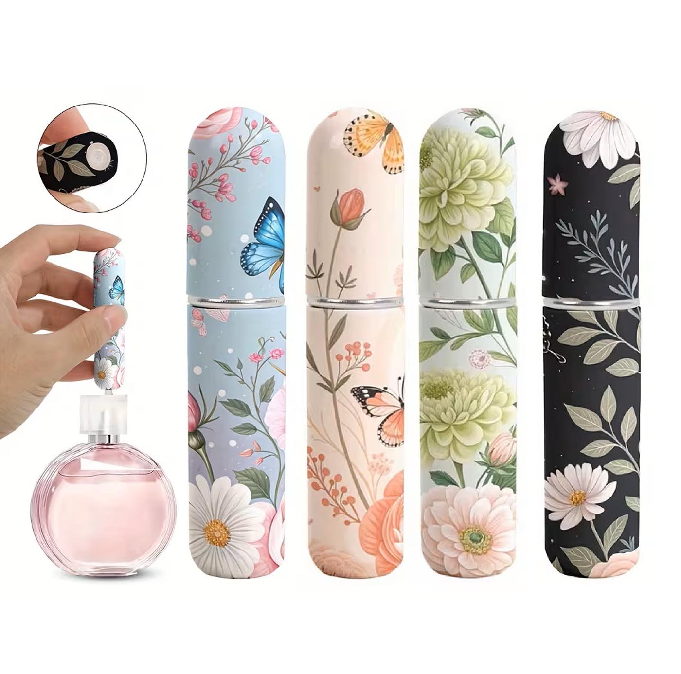 Atomizadores de Perfume para Mujer - Mini Botellas Rellenables – 5ml - Aluminio + Acrílico - Antifugas - Accesorios para Viaje - Textura Floral, varios diseños - Pack x4