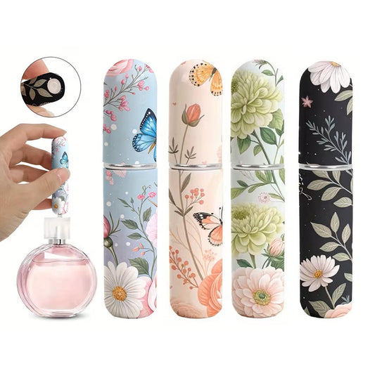 Atomizadores de Perfume para Mujer - Mini Botellas Rellenables – 5ml - Aluminio + Acrílico - Antifugas - Accesorios para Viaje - Textura Floral, varios diseños - Pack x4