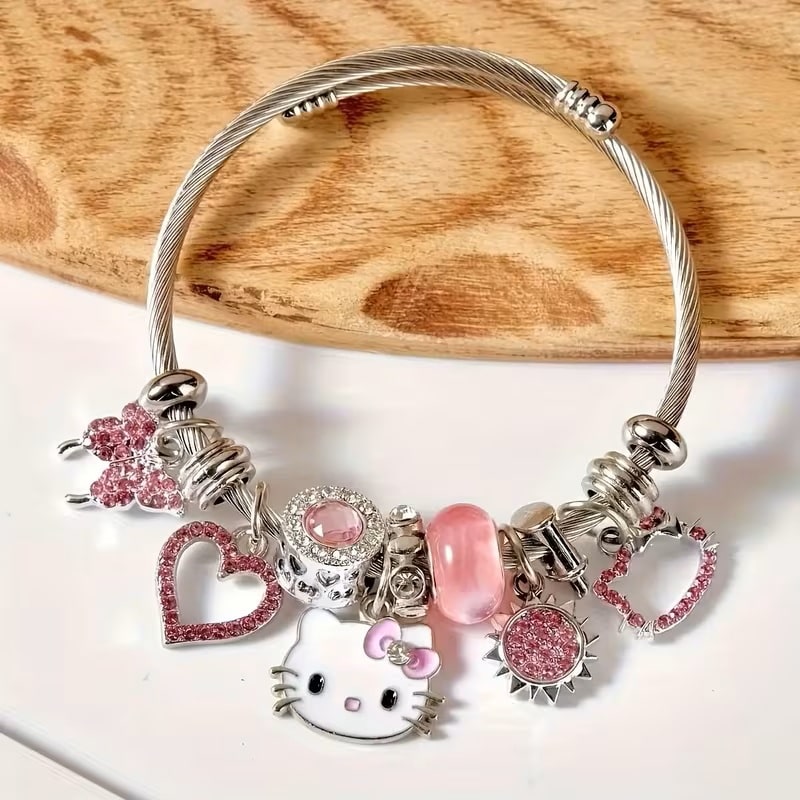 Pulsera Hello Kitty Kawaii con Encantos – Gato, Corazón y Mariposa