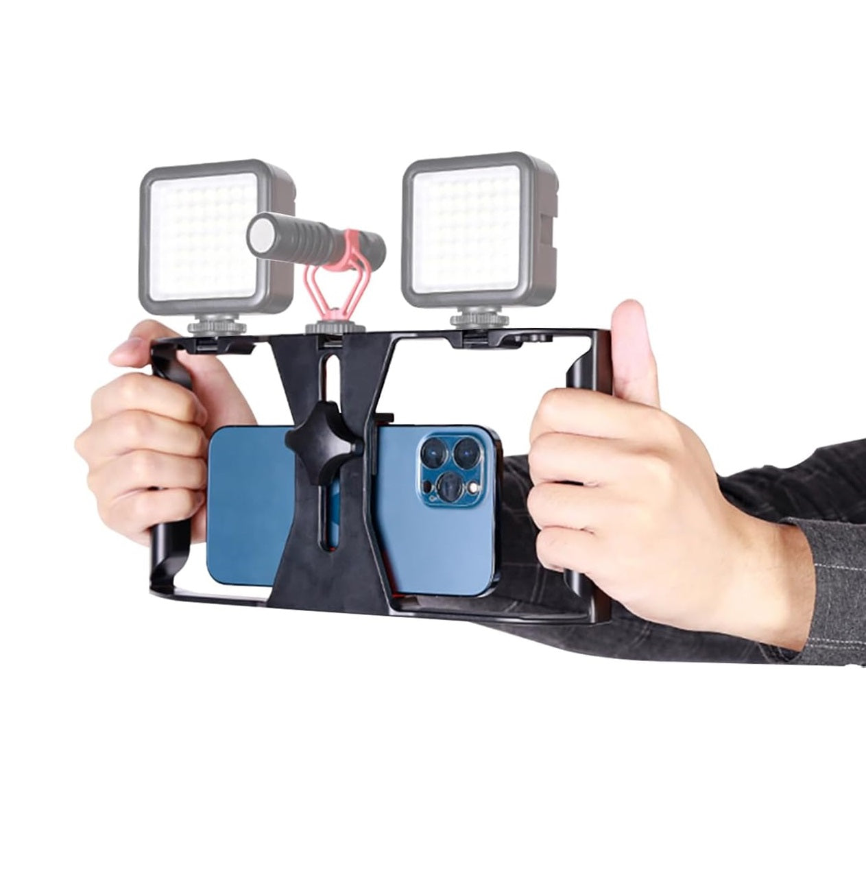 Jaula Estabilizadora - Soporte para vlogging para teléfono inteligente – Video y Fotografía PRO - Soporte de disparo con 5 puertos de tornillo de 1/4 con 3 Zapatas frías - Compatible con luces LED y Micrófonos – Adaptable a todo tipo de Smartphone - Negro