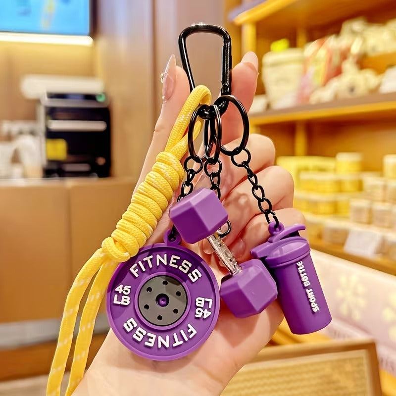 Llavero Deportivo Temático - Mini Mancuerna, Mini Barra de Pesas y Mini Botella Deportiva - Accesorio creativo para Mujer - Fitness - Morado
